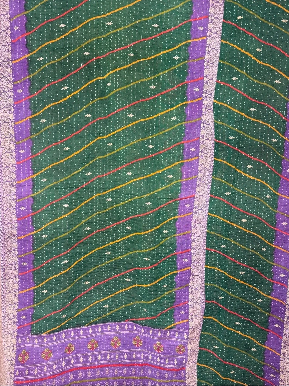 Vintage Handmade Printed Kantha Quilt India Sari Throw Blanket Twin 52x80